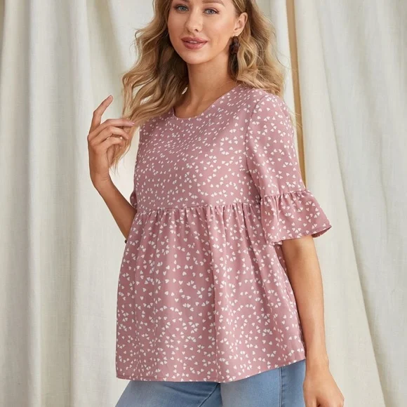 MATERNITY heart print babydoll ruffle top pink - Picture 3 of 5